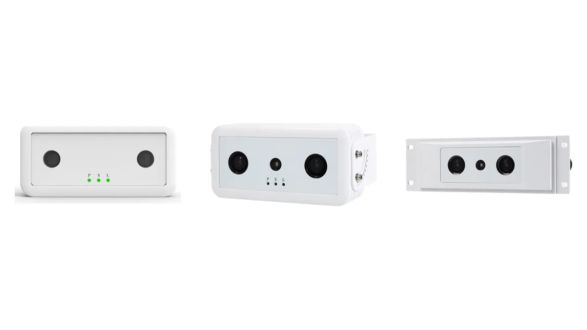 Three Pyroglaux 3D stereo people counters for retail entrances, buses and rail car doors