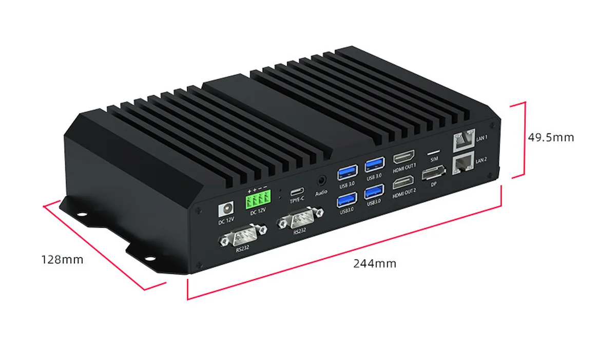 Fanless AI edge box with dual LAN, USB 3.0, HDMI, RS232 and 12 V DC inputs, 244 x 128 x 49.5 mm